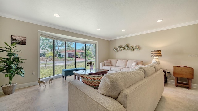 living room with light tile patterned floors and crown molding