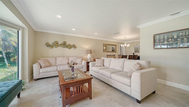 living room with ornamental molding, an inviting chandelier, light tile patterned floors, and a healthy amount of sunlight