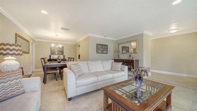 living room featuring light tile patterned floors, an inviting chandelier, and crown molding