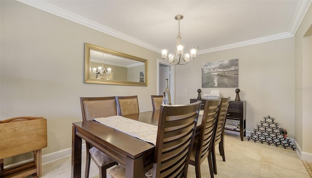 tiled dining space featuring a chandelier and crown molding