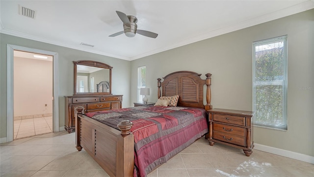 bedroom featuring ensuite bath, ceiling fan, crown molding, and light tile patterned flooring