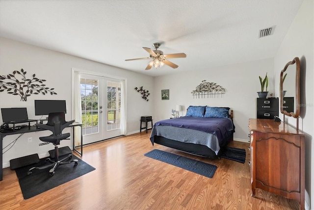 bedroom with french doors, light wood-type flooring, ceiling fan, and access to exterior