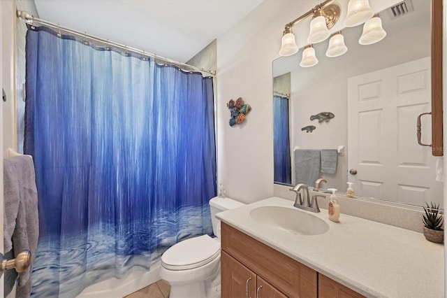 full bath with toilet, vanity, visible vents, tile patterned flooring, and shower / bath combination with curtain
