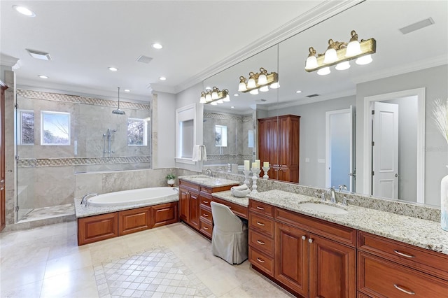 bathroom with separate shower and tub, vanity, tile patterned floors, and crown molding