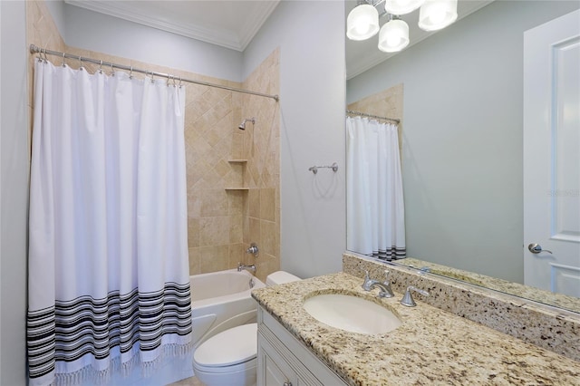 full bathroom with toilet, vanity, shower / tub combo, and crown molding