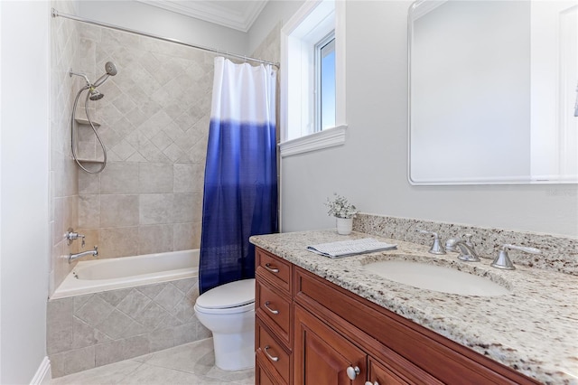 full bathroom with tile patterned floors, vanity, toilet, ornamental molding, and shower / bath combo