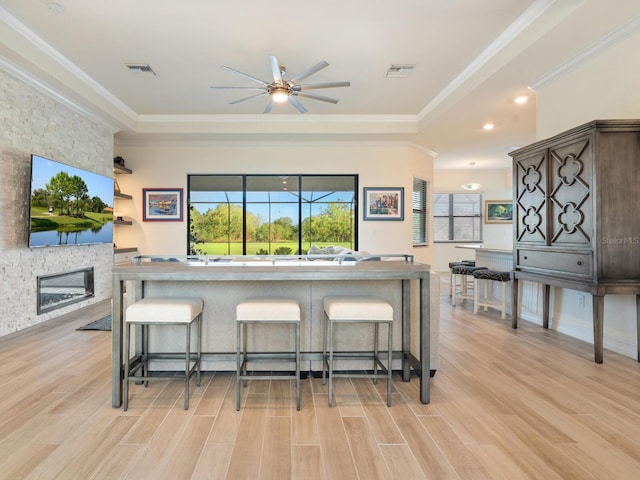 kitchen featuring crown molding, a fireplace, and light wood-type flooring