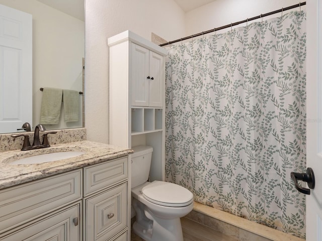 bathroom with a shower with curtain, vanity, wood-type flooring, and toilet