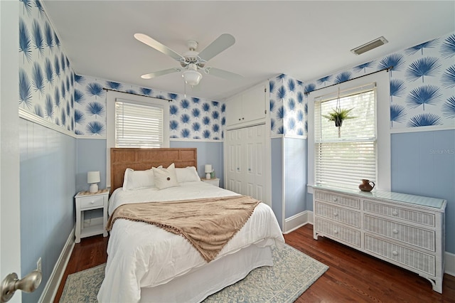 bedroom with multiple windows, ceiling fan, dark hardwood / wood-style floors, and a closet