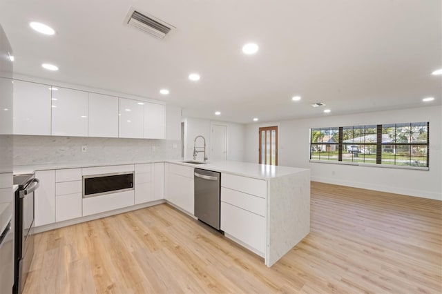 kitchen featuring stainless steel appliances, sink, kitchen peninsula, light hardwood / wood-style flooring, and white cabinets