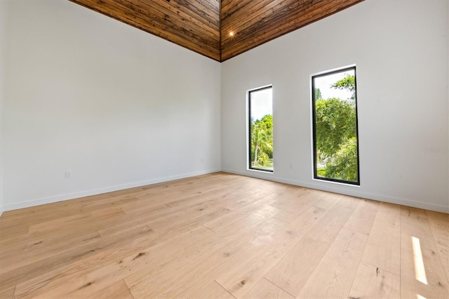 spare room with high vaulted ceiling, wooden ceiling, and light hardwood / wood-style floors