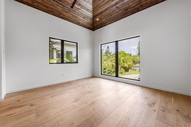 spare room featuring light hardwood / wood-style flooring, a healthy amount of sunlight, and wood ceiling