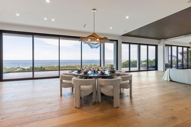 dining space with light hardwood / wood-style floors and a water view