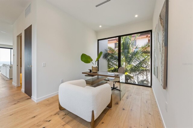 living area featuring plenty of natural light and light hardwood / wood-style flooring