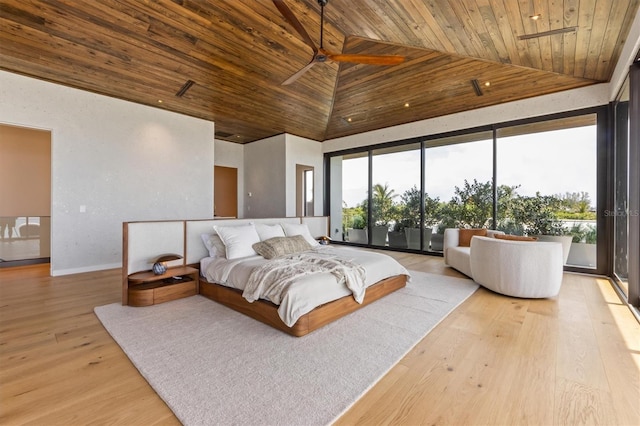 bedroom with high vaulted ceiling, access to outside, light wood-type flooring, and wood ceiling