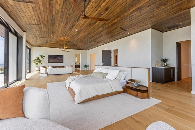 bedroom featuring a notable chandelier, light hardwood / wood-style flooring, lofted ceiling, and wood ceiling