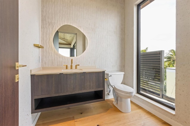 bathroom with vanity, hardwood / wood-style flooring, and toilet