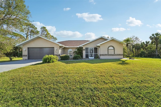 ranch-style house featuring a front lawn and a garage