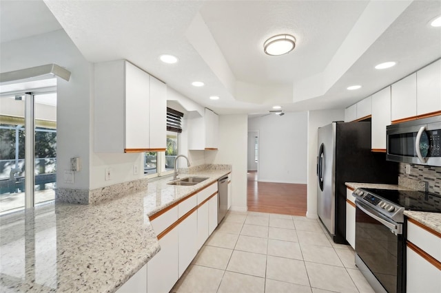 kitchen featuring white cabinetry, a tray ceiling, sink, and stainless steel appliances