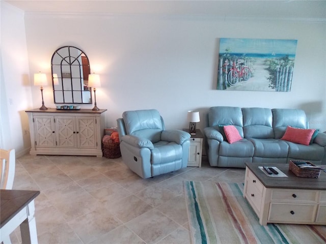 living room featuring ornamental molding and light tile patterned flooring