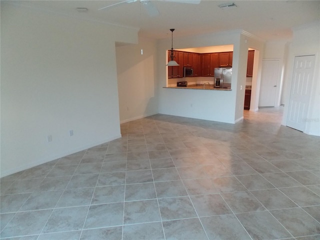 unfurnished living room featuring ceiling fan, light tile patterned floors, and sink