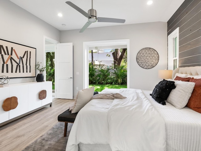 bedroom with light wood-type flooring and ceiling fan