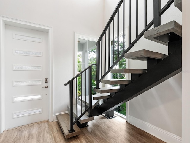 stairs with hardwood / wood-style flooring