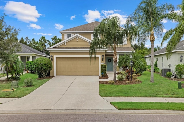 view of front of property with central AC unit, a front lawn, and a garage