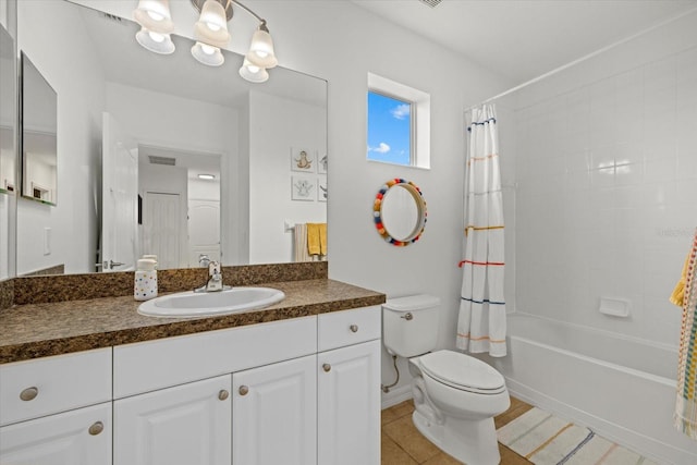 full bath featuring a chandelier, toilet, vanity, tile patterned floors, and shower / bath combination with curtain