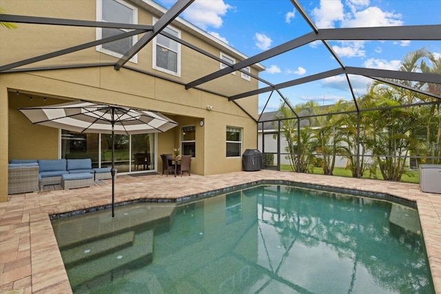 outdoor pool featuring a lanai, a patio area, and an outdoor living space