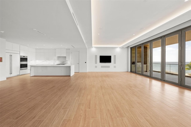 unfurnished living room with light wood-type flooring and sink