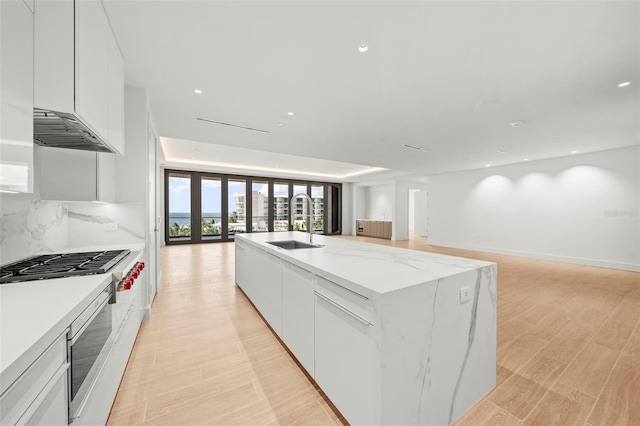 kitchen featuring white cabinetry, sink, light stone counters, tasteful backsplash, and french doors