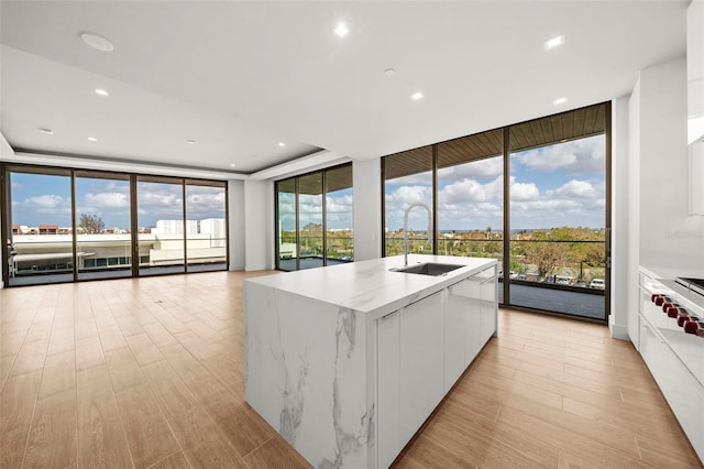 kitchen with a wall of windows, sink, an island with sink, white cabinets, and light hardwood / wood-style flooring