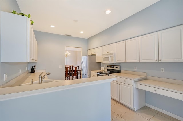 kitchen with stainless steel appliances, white cabinetry, sink, kitchen peninsula, and light tile patterned floors