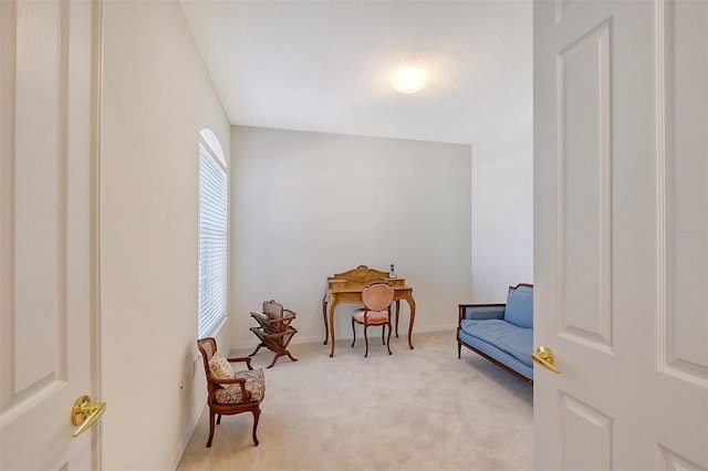 living area with a wealth of natural light and light carpet