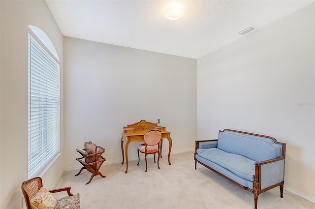 living area with light carpet