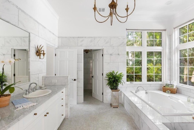 bathroom with tile walls, tiled tub, and crown molding