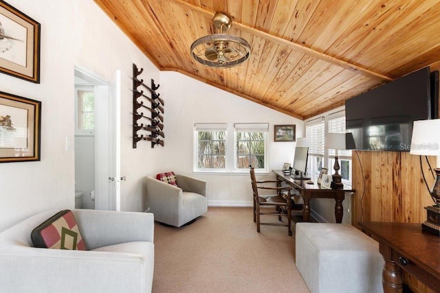 carpeted home office featuring plenty of natural light, wooden ceiling, and lofted ceiling