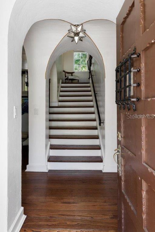 staircase featuring wood-type flooring