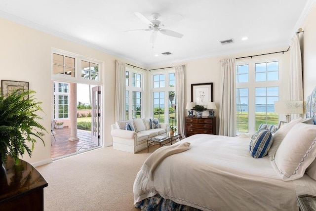 bedroom with ceiling fan, ornamental molding, carpet, and access to outside