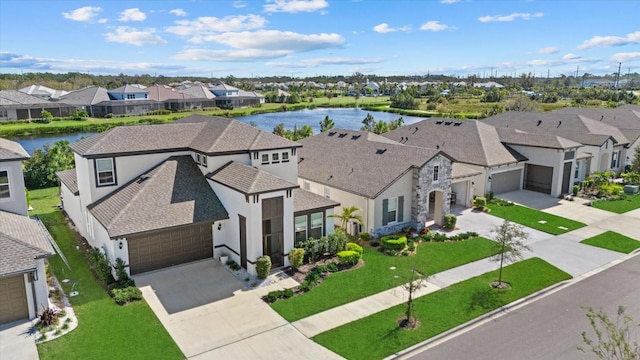 aerial view featuring a water view