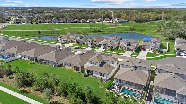 bird's eye view with a water view