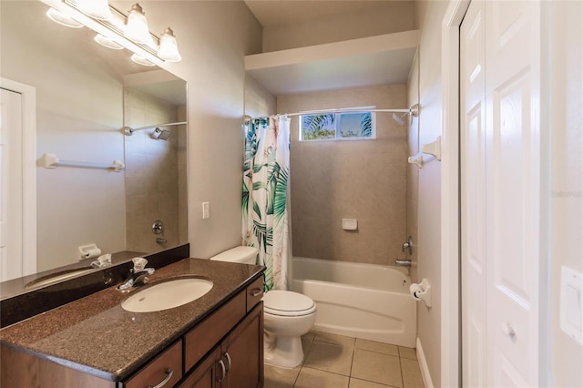 full bathroom featuring tile patterned flooring, shower / tub combo, vanity, and toilet