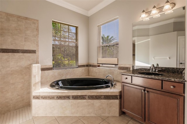 bathroom with vanity, a relaxing tiled tub, tile patterned floors, and crown molding