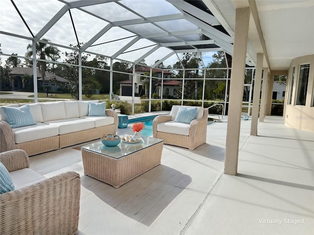 sunroom featuring a swimming pool and lofted ceiling