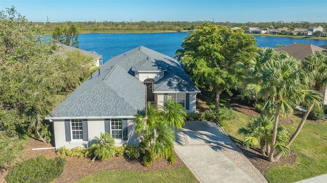 aerial view featuring a water view