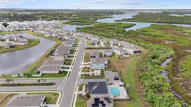 drone / aerial view featuring a water view