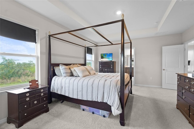 bedroom with light carpet, multiple windows, and baseboards