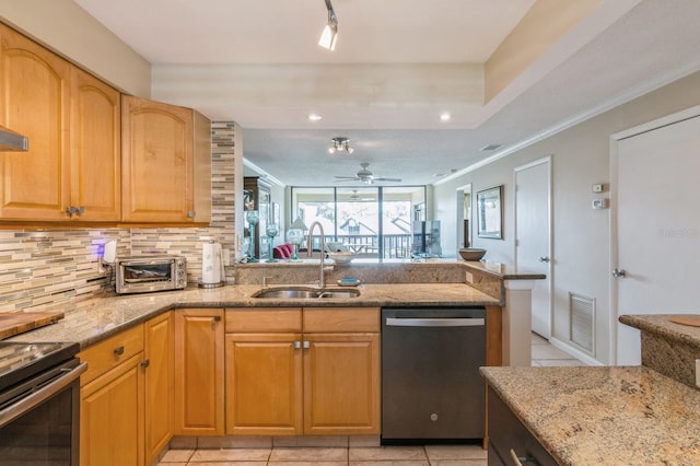 kitchen featuring light stone countertops, sink, ceiling fan, and appliances with stainless steel finishes