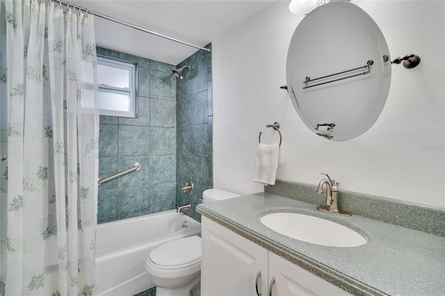 full bathroom with vanity, toilet, and shower / bathtub combination with curtain